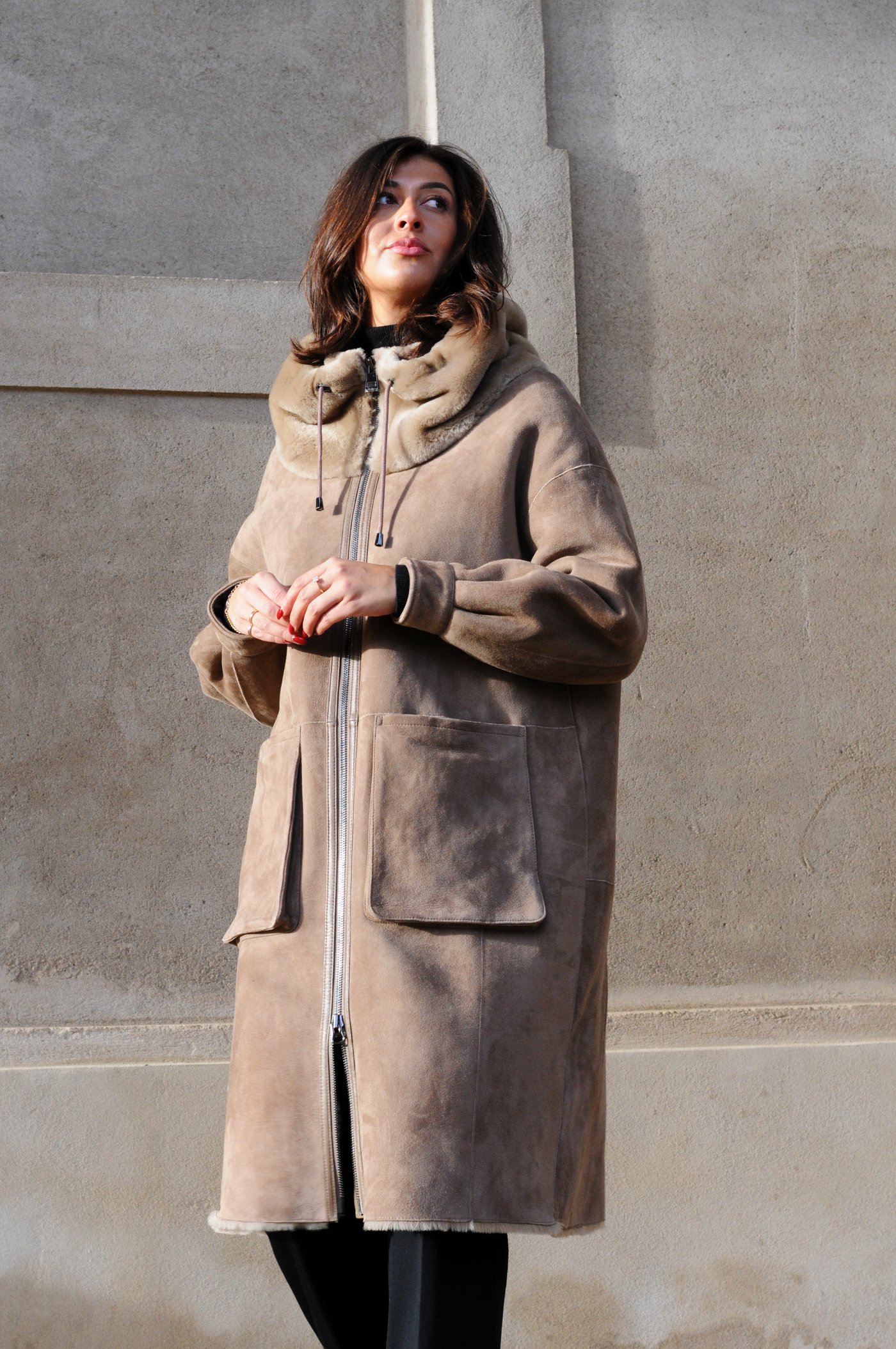 Gabiana, 108 cm. - Hood - Suede Lamb - Women - Dark Oak