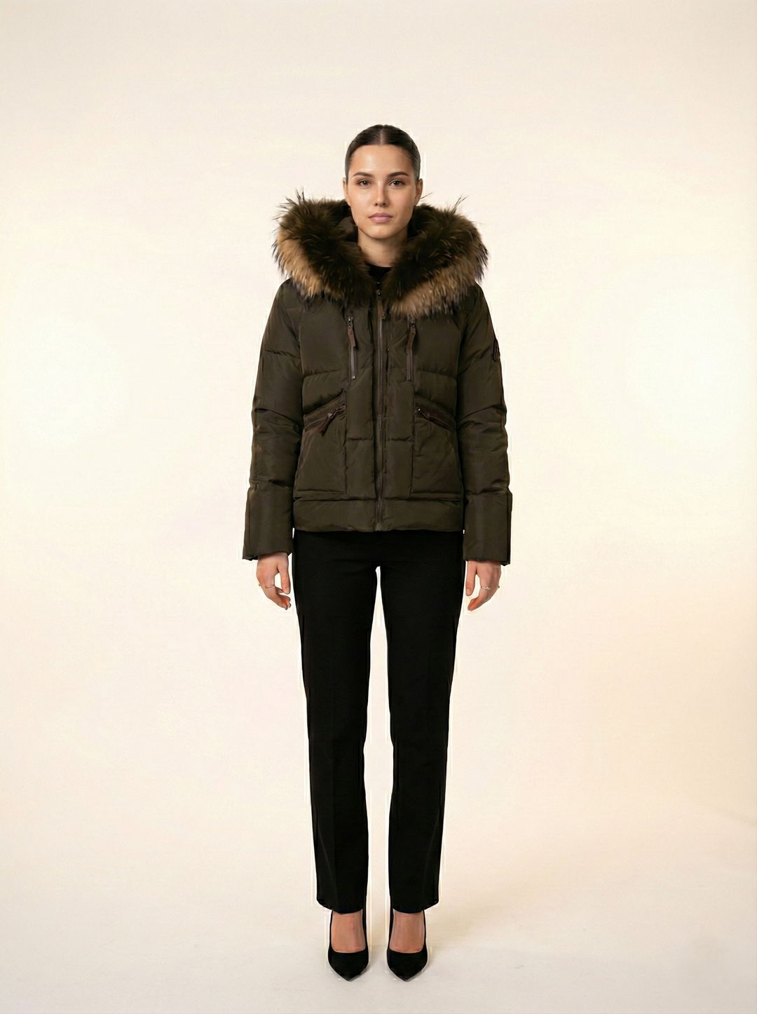芙蓉 Fugge, 61 cm. - Hood - Down - Women - Army – Levinskyfurs