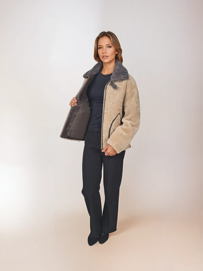 Illulu, 63 cm. - Collar - Curly Lamb - Women - Light Camel & Taupe