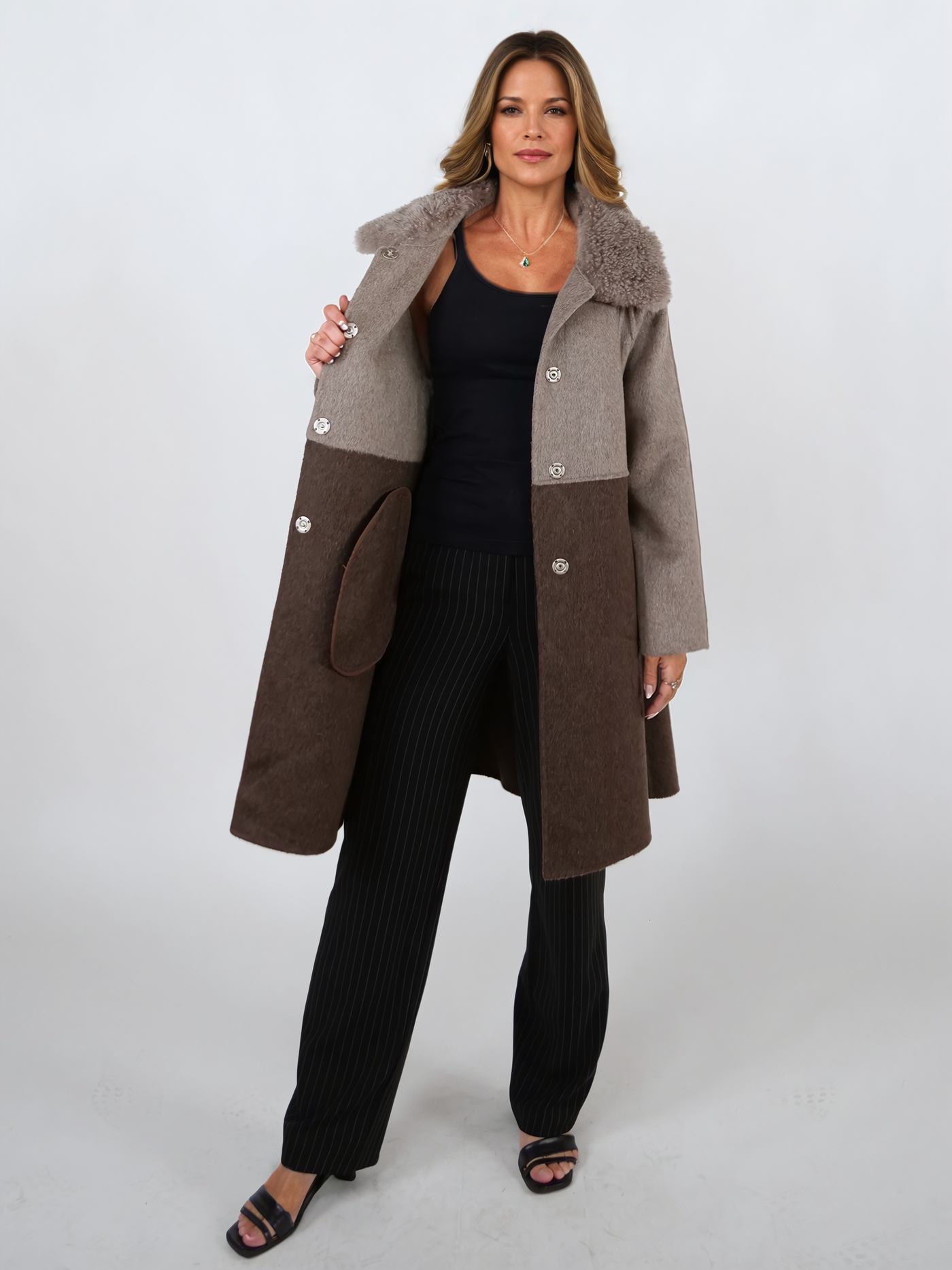 Italia, 95 cm. - Collar - 100% Wool - Women - Taupe & Dark Brown