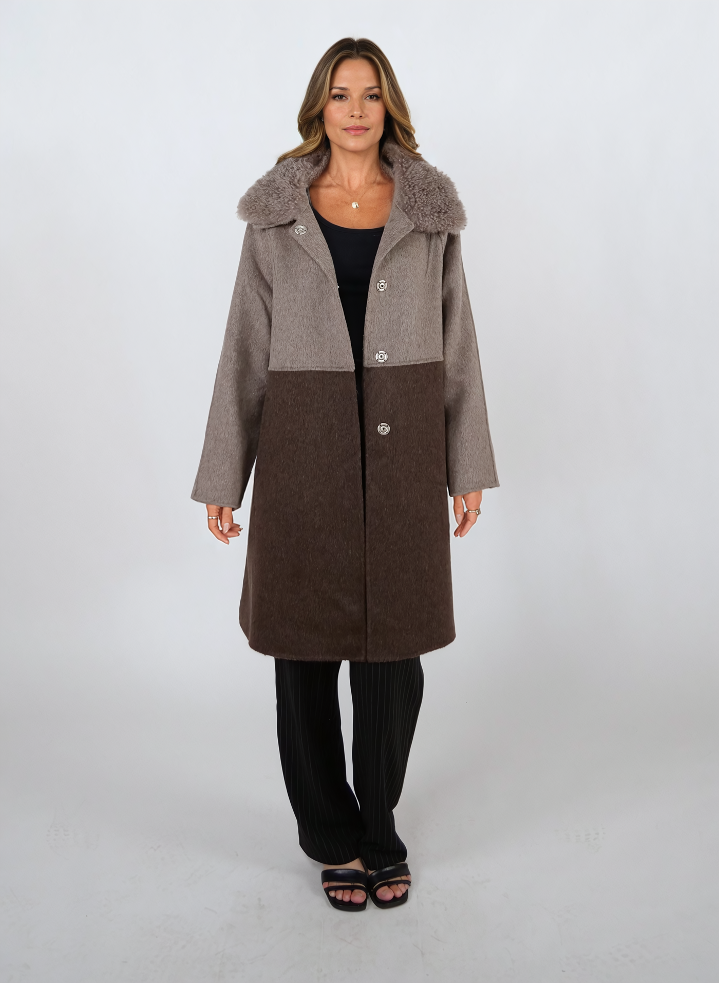Italia, 95 cm. - Collar - 100% Wool - Women - Taupe & Dark Brown