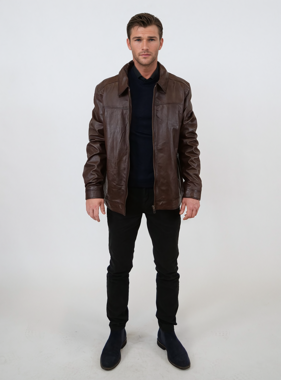 [H]SHEEP LEATHER 70‘S SPORTS JACKET Ilirio, 70 cm. - Sheep Leather - Man - Cherry Brown – Levinskyfurs