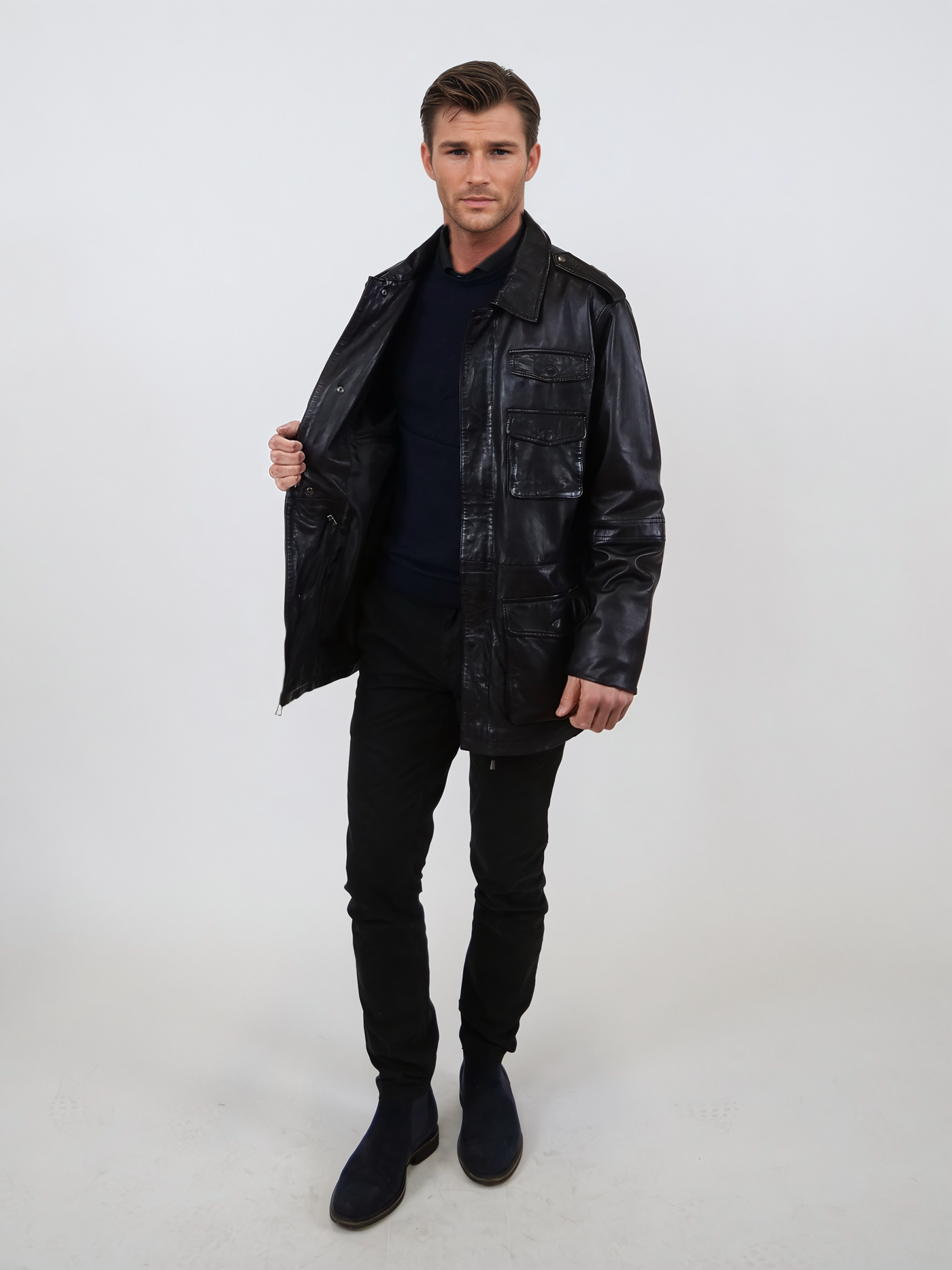 Owen, 77 cm. - Collar - Lamb Washed Leather - Man - Black