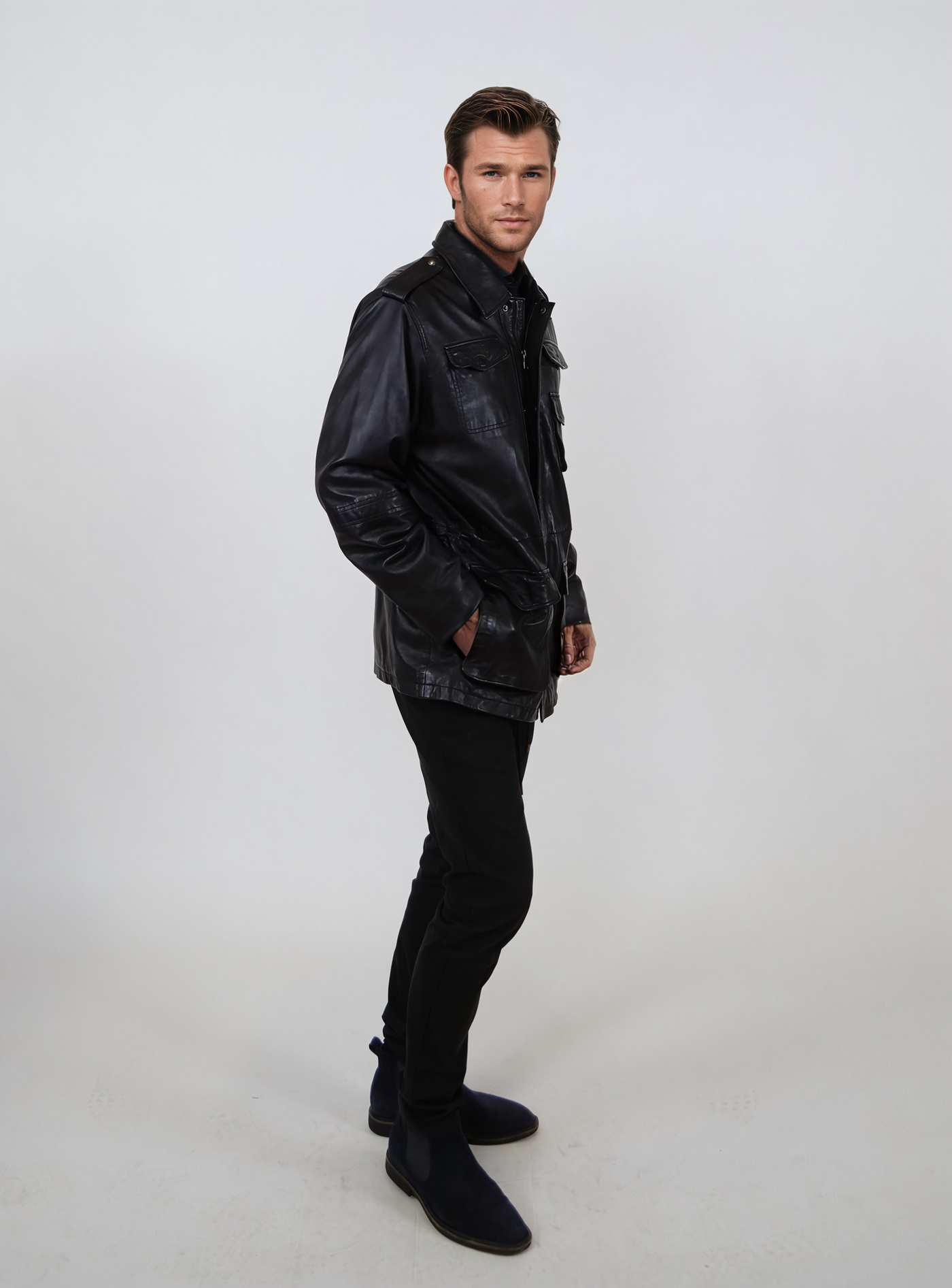 Owen, 77 cm. - Collar - Lamb Washed Leather - Man - Black