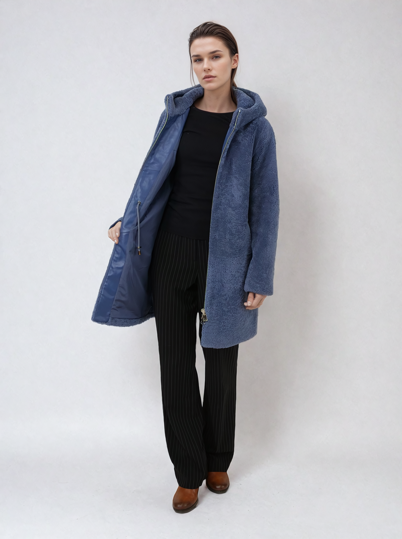 Delaney, 87 cm. - Hood - Curly Lamb - Women - Blue