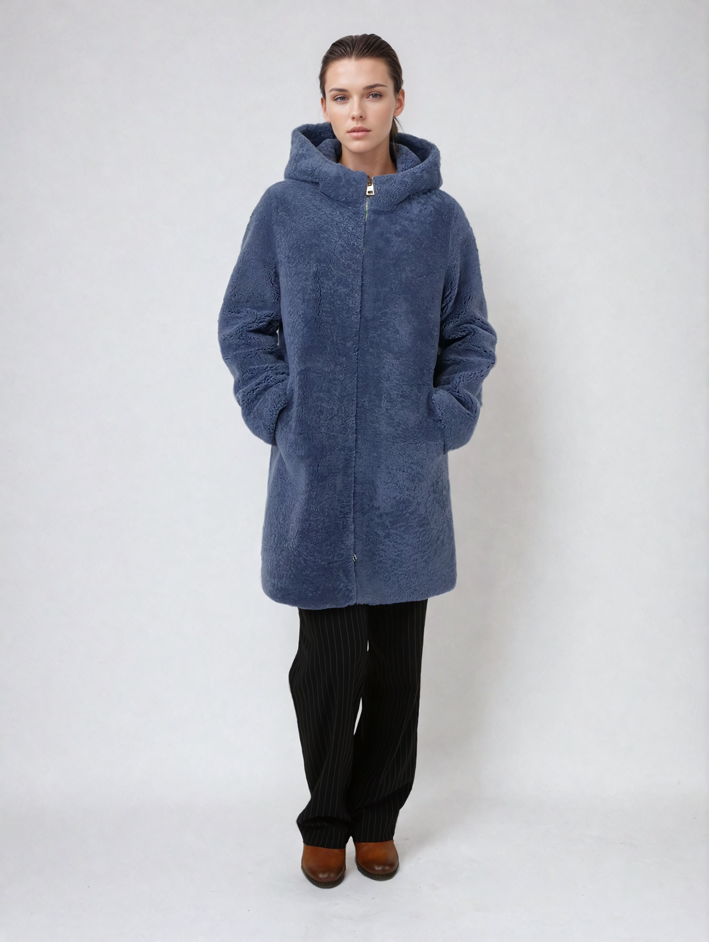 Delaney, 87 cm. - Hood - Curly Lamb - Women - Blue