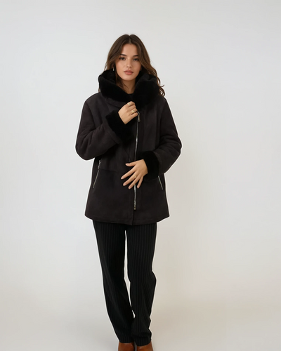 Tara, 70 cm. - Hood - Suede Lamb - Women - Dark Brown