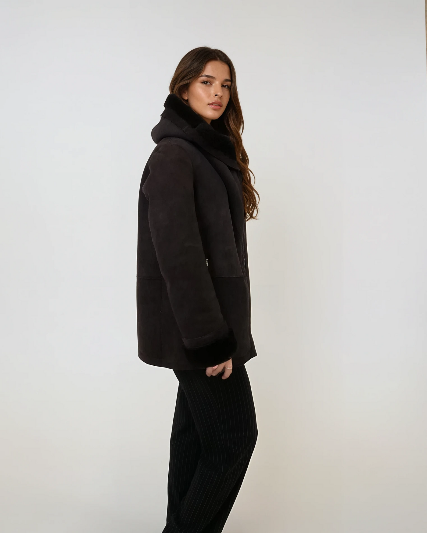 Tara, 70 cm. - Hood - Suede Lamb - Women - Dark Brown