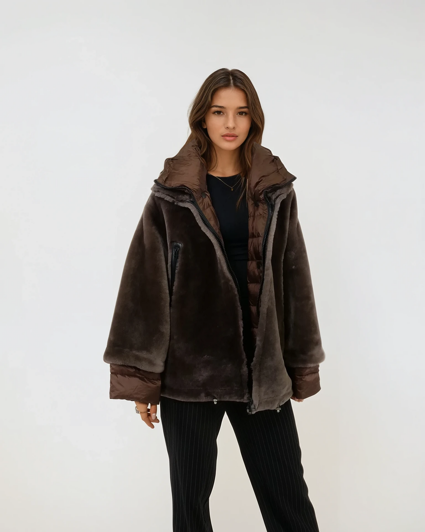 Idane, 69 cm. - Hood - Lamb Straight Hair - Women - Brown
