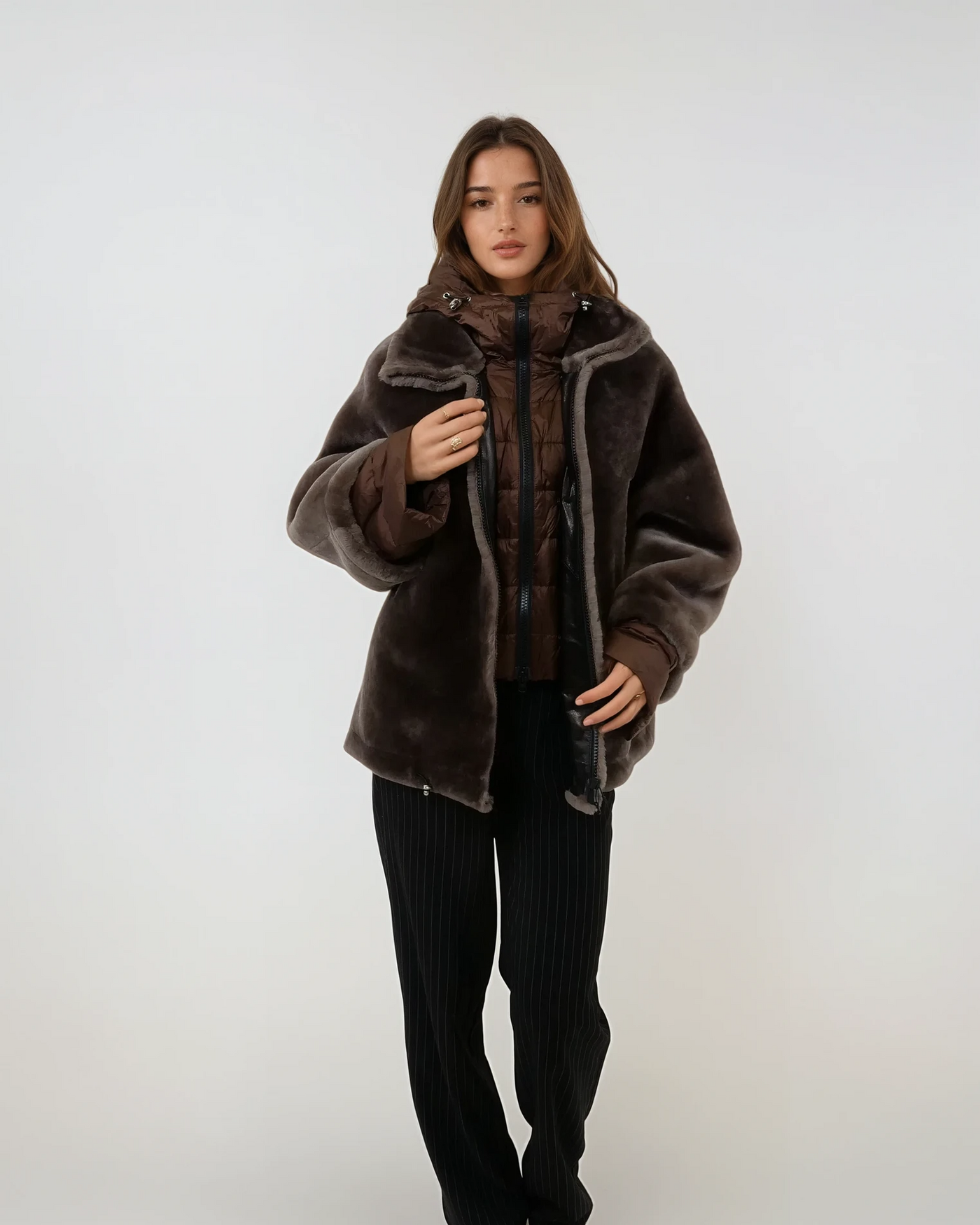 Idane, 69 cm. - Hood - Lamb Straight Hair - Women - Brown