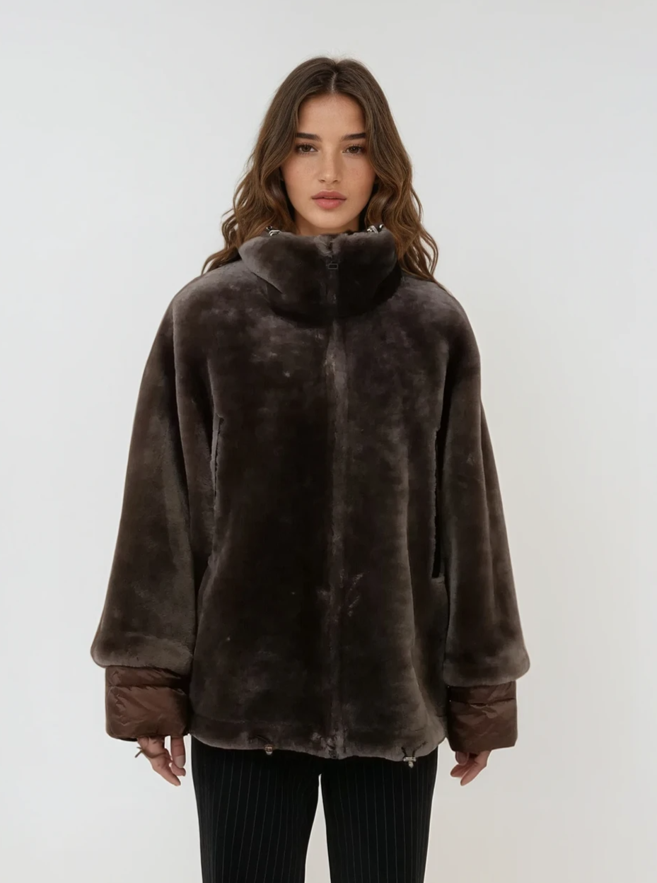 Idane, 69 cm. - Hood - Lamb Straight Hair - Women - Brown