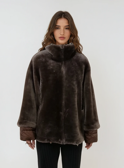 Idane, 69 cm. - Hood - Lamb Straight Hair - Women - Brown