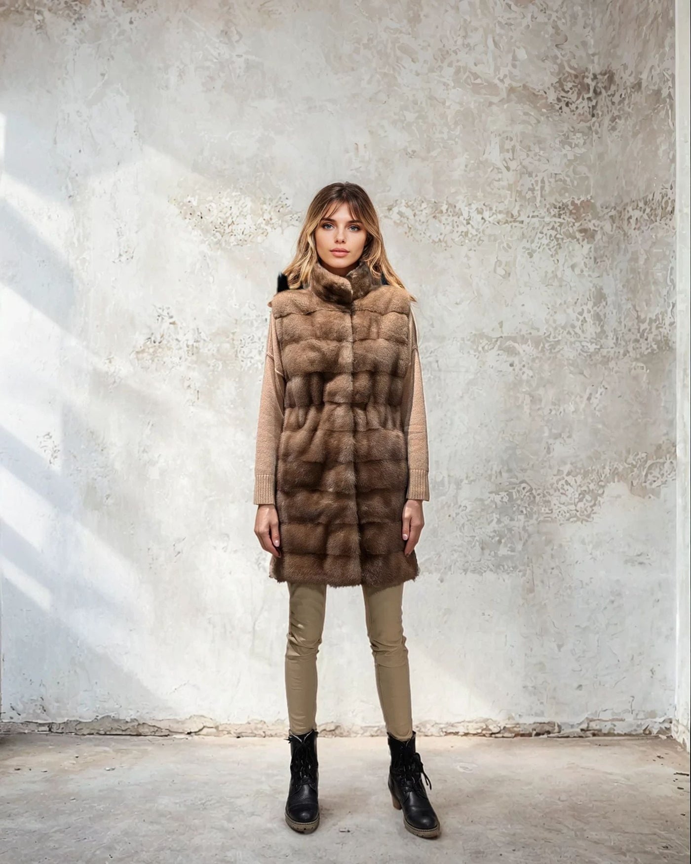 Denise Vest, 90 cm. - Collar - Mink - Women - Brown