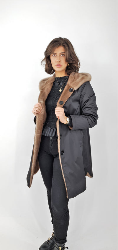 DPW98115-1, 92 cm. - Hood - Textile - Mink - Women - Black