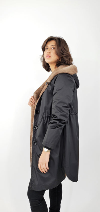 DPW98115-1, 92 cm. - Hood - Textile - Mink - Women - Black