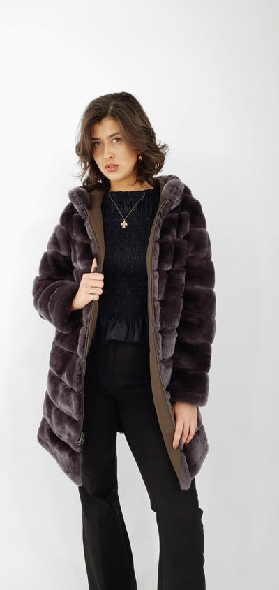 Danila, 90 cm. - Hood - Textile - Women - Chocolate - Textile - Women - Danila, 90 cm. - Hood - Textile - Women - Chocolate - Stampe Pels