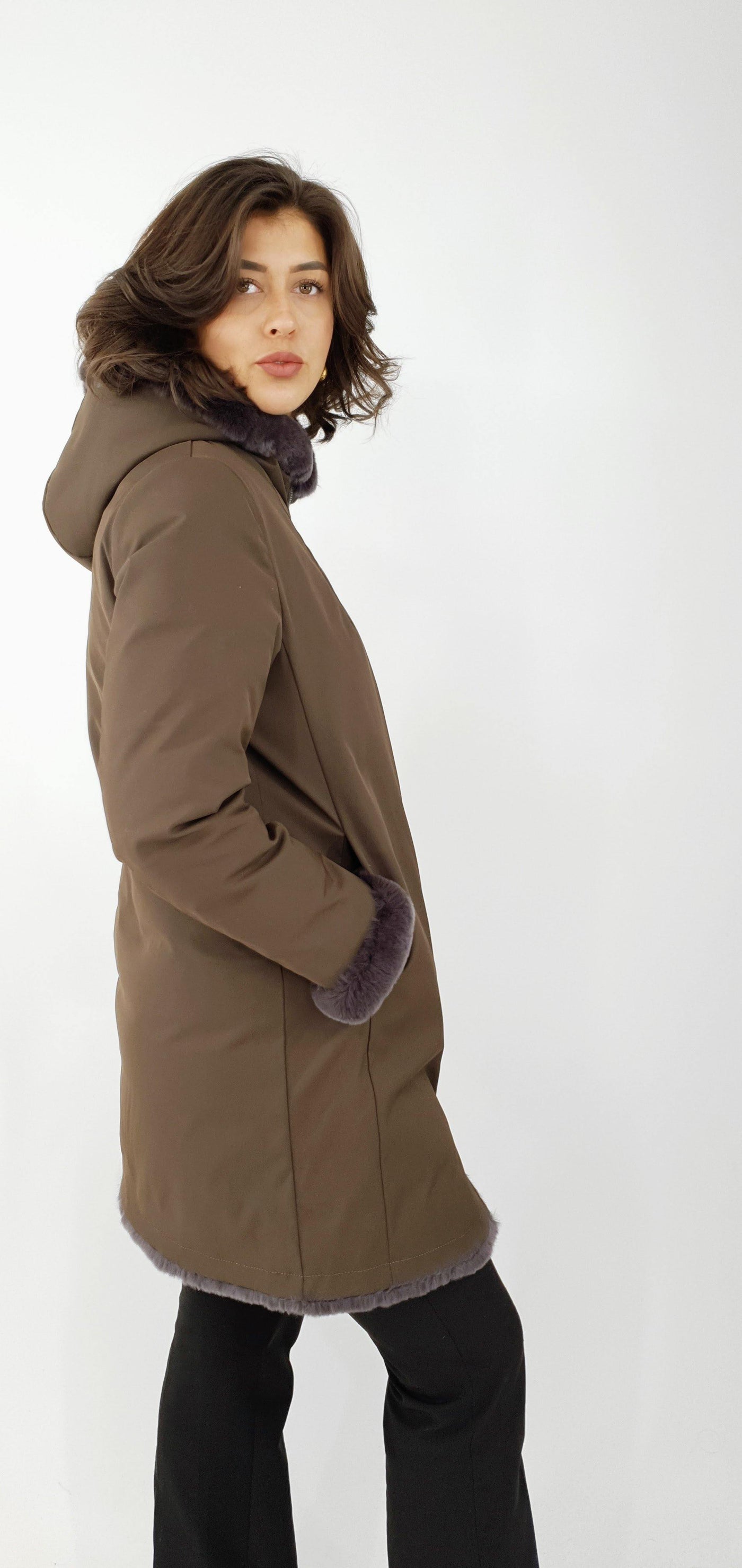 Danila, 90 cm. - Hood - Textile - Women - Chocolate - Textile - Women - Danila, 90 cm. - Hood - Textile - Women - Chocolate - Stampe Pels