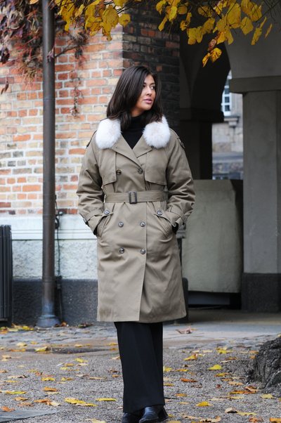 Helga Trench Coat, 105 cm. - Collar - Textile - Women - Khaki