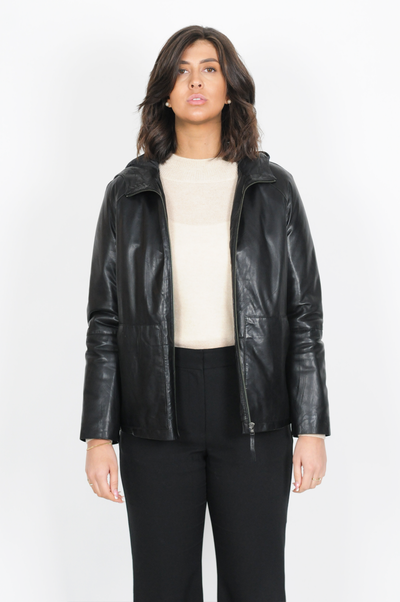 Coline Short Jacket - Hood - Lamb Malli Leather - Women - Black